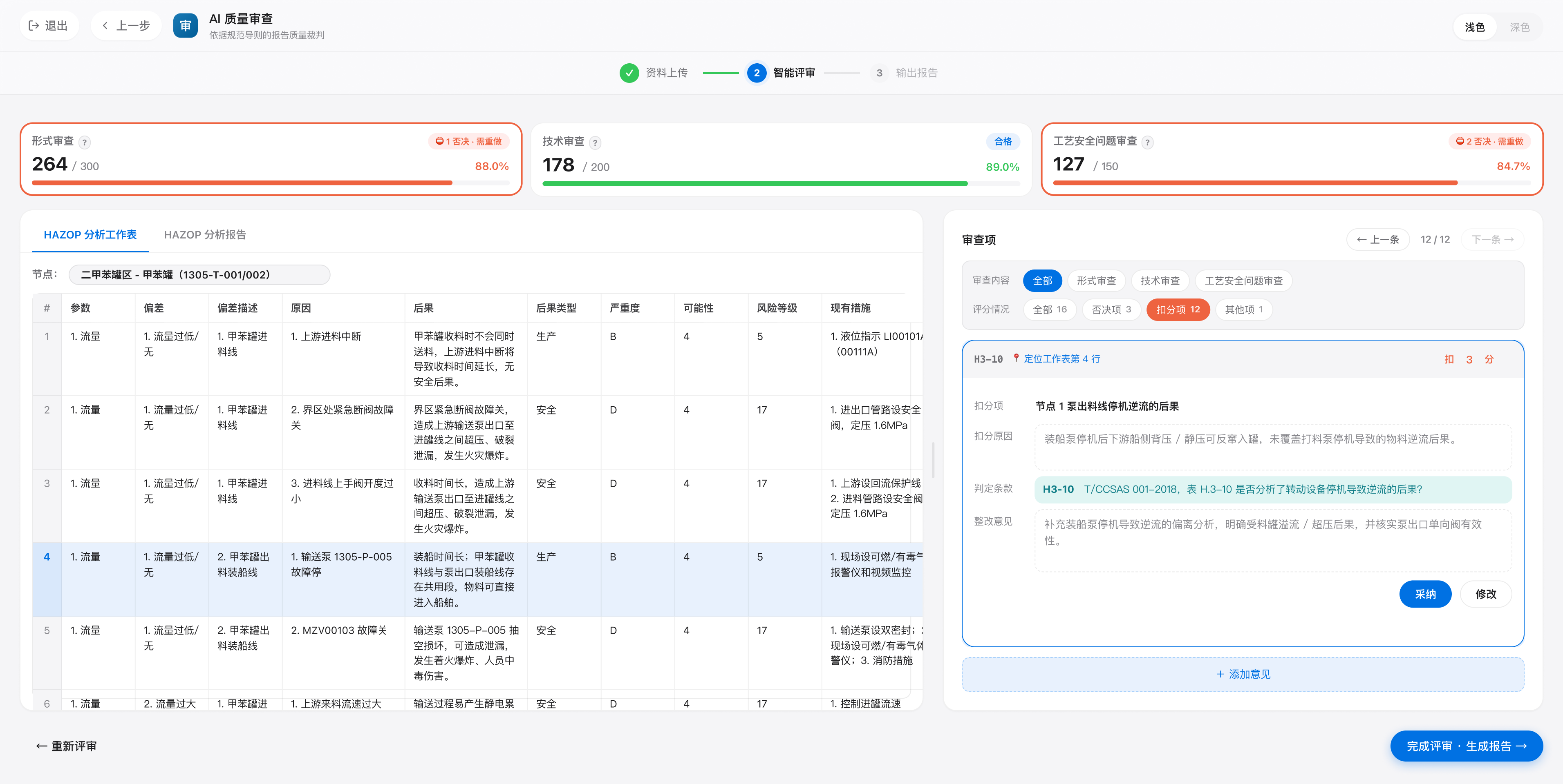 HAZOP 审查智能体产品界面示意：展示 HAZOP 分析工作表、审查评分与问题整改意见